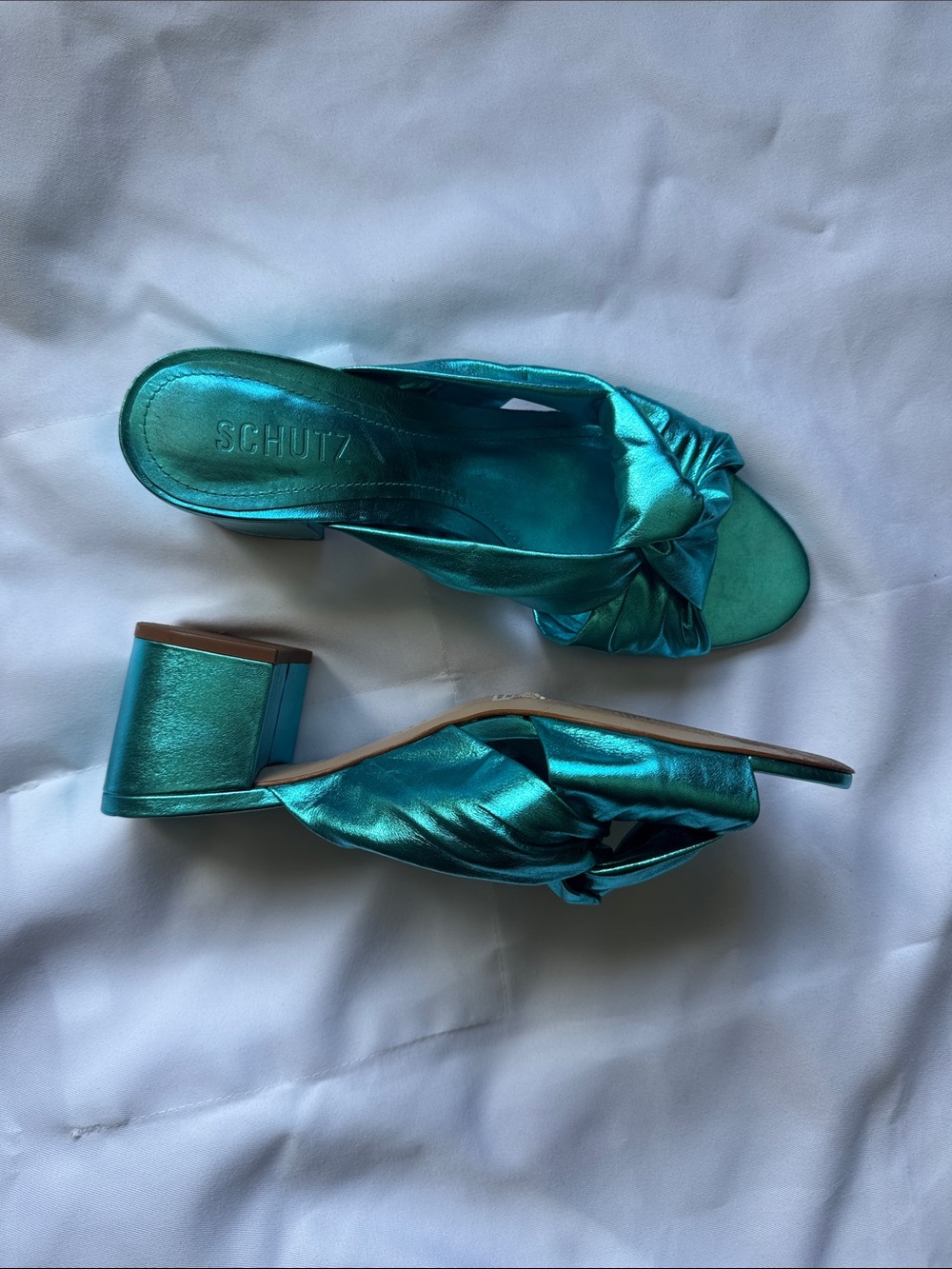 SCHUTZ Metallic Teal Knot-Front Heeled Sandals - Picture 2 of 4